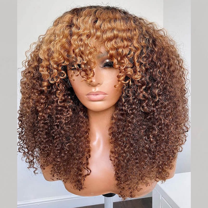 Afro Kinky Curly Wig With Bangs Machine Made Scalp Top Wig 200% Density