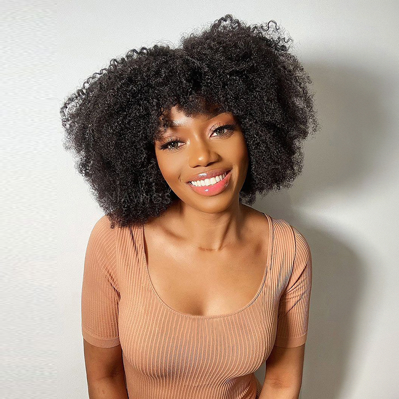 Afro Kinky Curly Wig With Bangs Machine Made Scalp Top Wig 200% Density