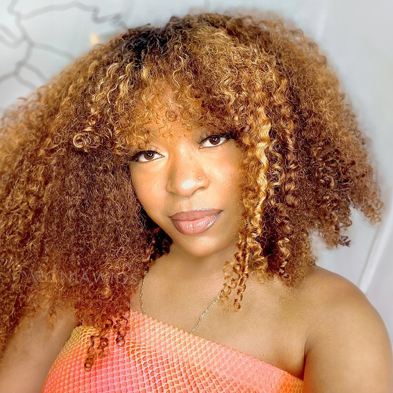 Afro Kinky Curly Wig With Bangs Machine Made Scalp Top Wig 200% Density