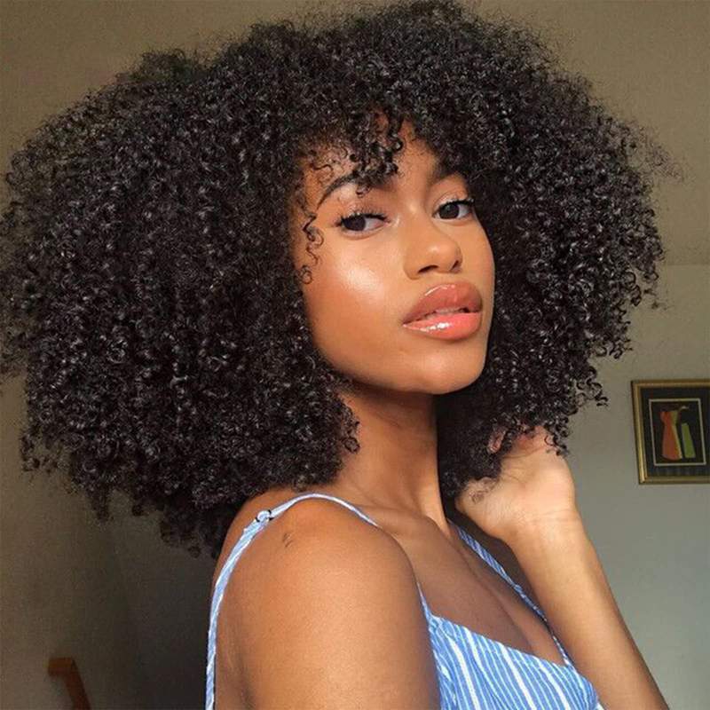 Afro Kinky Curly Wig With Bangs Machine Made Scalp Top Wig 200% Density