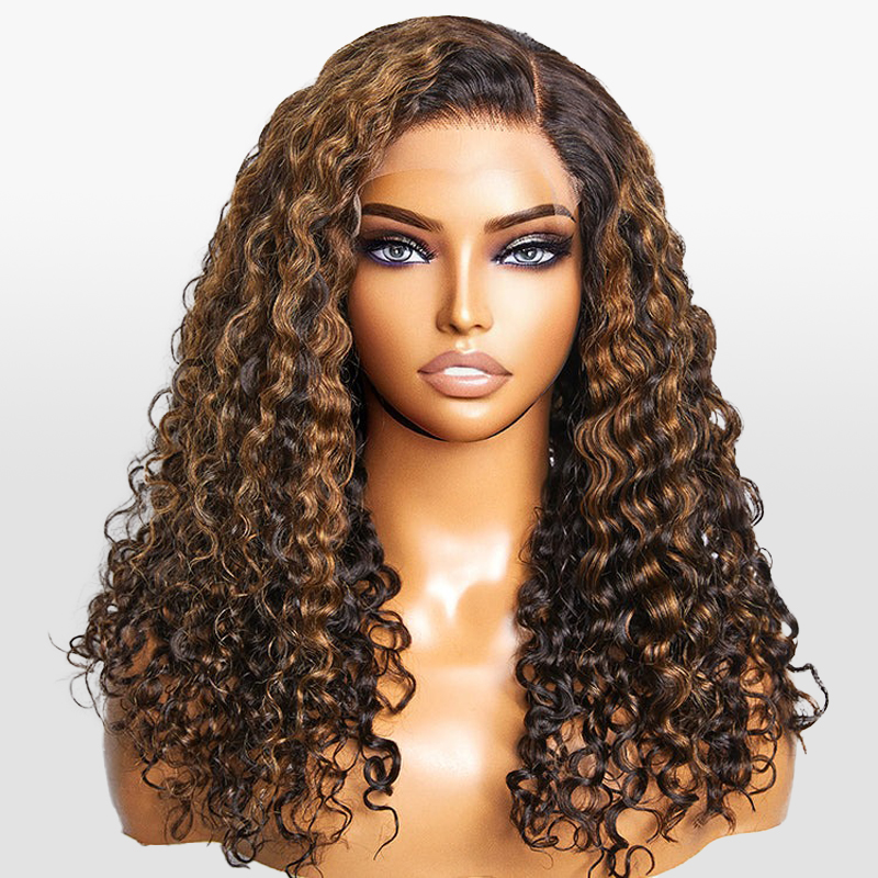 Brown Highlights Curly Glueless 13x4 HD Lace Front Wig Pre-bleached