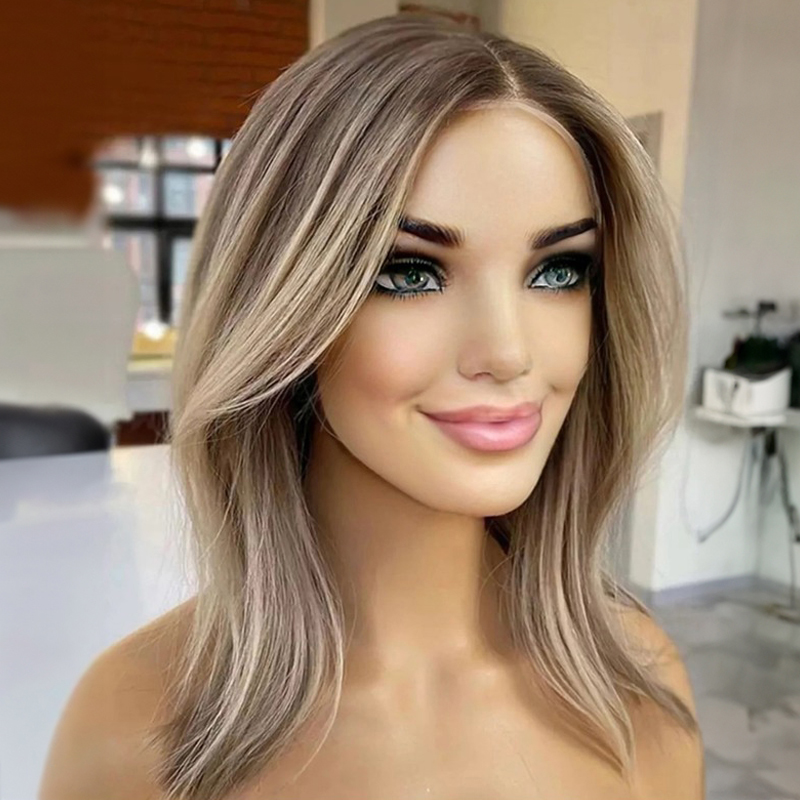 Glueless Ash Blonde Highlight Lace Front Wig 100% Virgin Human Hair Pre Plucked