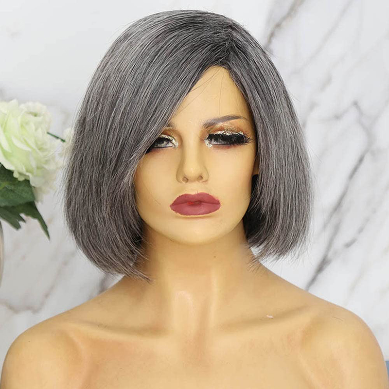 Perruque Bob de cheveux humains gris, perruque droite de cheveux sel et poivre 150% 10 pouces