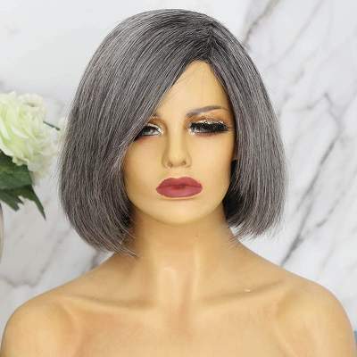 Grey Human Hair Bob Wig Straight Salt and Pepper Hair Wig 150% 10 Inch