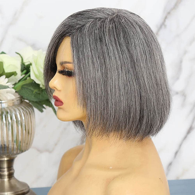 Grey Human Hair Bob Wig Straight Salt and Pepper Hair Wig 150% 10 Inch