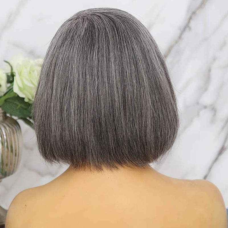 Grey Human Hair Bob Wig Straight Salt and Pepper Hair Wig 150% 10 Inch
