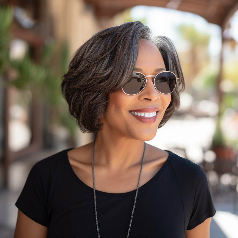 Grey White Highlight Wig Short Brown Bob Natural Wavy Wigs For Mom