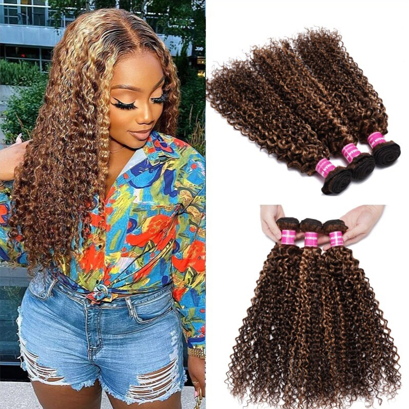 Paquetes de cabello Honey Blonde Highlight Curly 3 paquetes de tejido de cabello humano