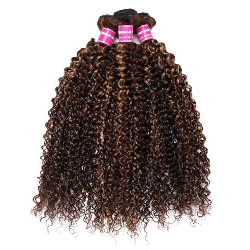 Mèches de cheveux blonds miel, mèches bouclées, tissage de cheveux humains, 3 lots