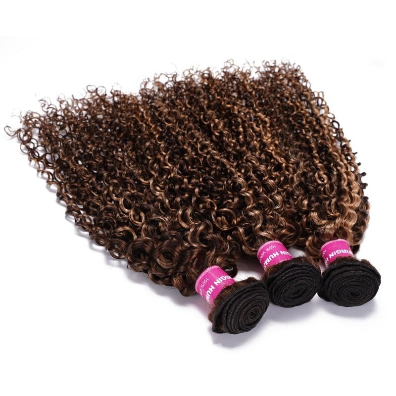 Mèches de cheveux blonds miel, mèches bouclées, tissage de cheveux humains, 3 lots
