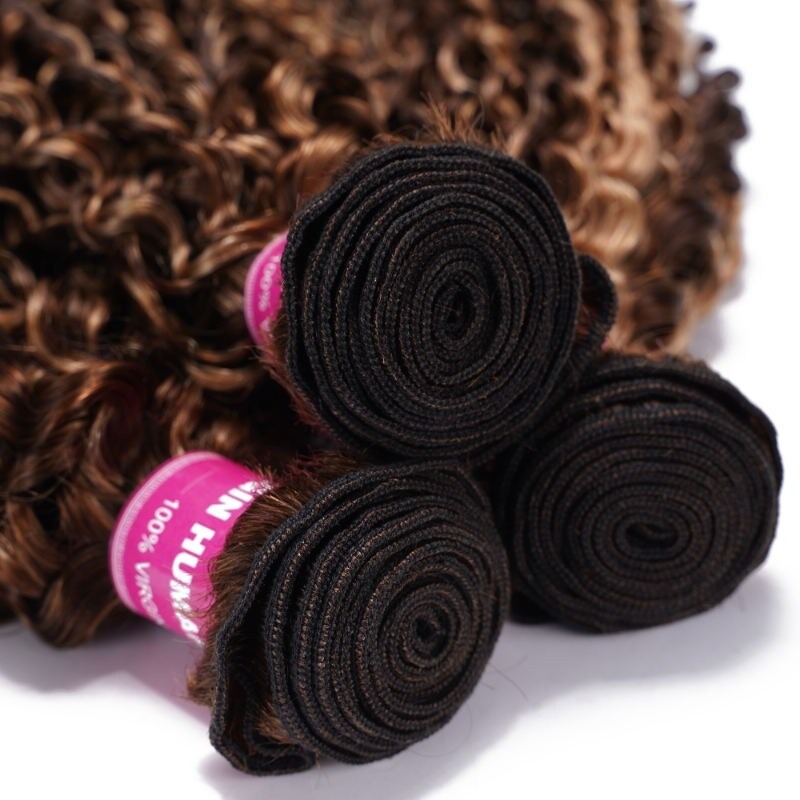 Mèches de cheveux blonds miel, mèches bouclées, tissage de cheveux humains, 3 lots