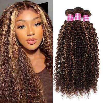 Hair Bundles Honey Blonde Highlight Curly 3 Bundles Human Hair Weave