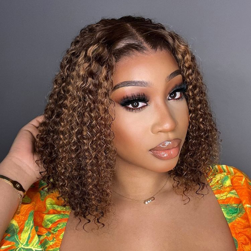 Mix Color Brown Curly Bob Wig 13X4 Frontal Short Lace Wig 100% Human Hair