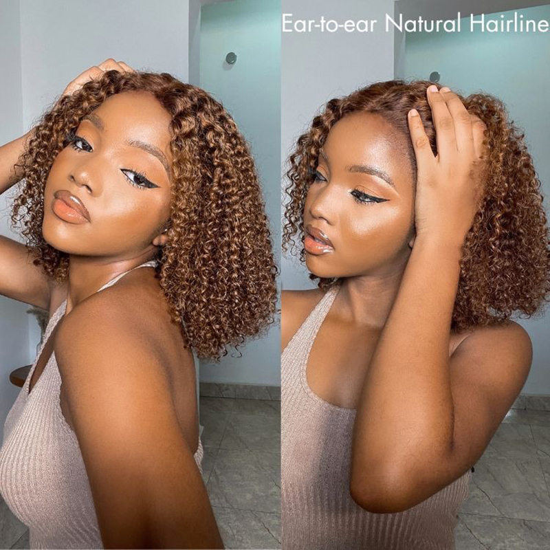 Mix Color Brown Curly Bob Wig 13X4 Frontal Short Lace Wig 100% Human Hair