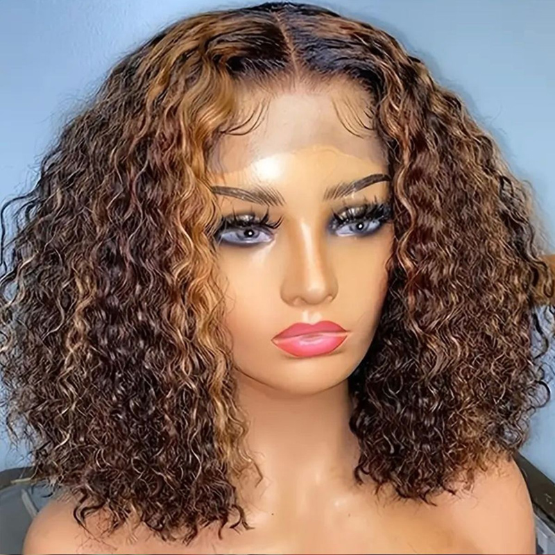 Mix Color Brown Curly Bob Wig 13X4 Frontal Short Lace Wig 100% Human Hair