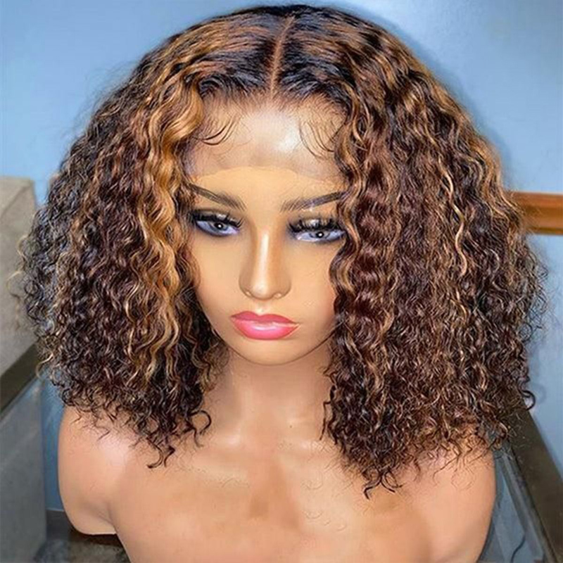 Mix Color Brown Curly Bob Wig 13X4 Frontal Short Lace Wig 100% Human Hair