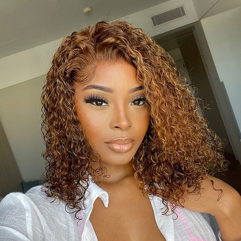 Mix Color Brown Curly Bob Wig 13X4 Frontal Short Lace Wig 100% Human Hair