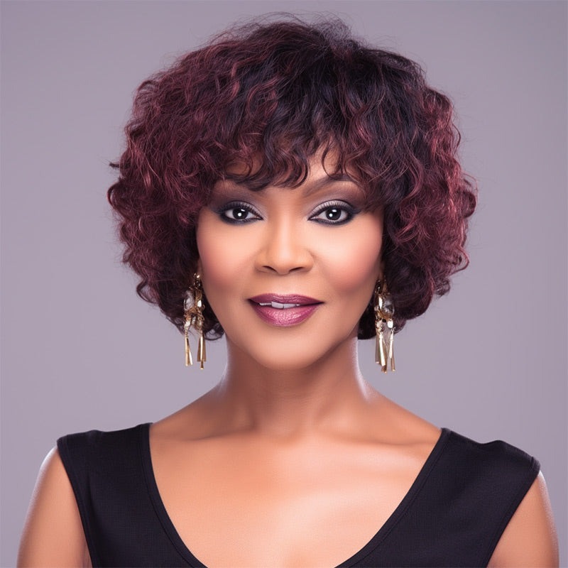 Peluca roja borgoña oscura de Ombre peluca corta con onda de agua con flequillo para mamá