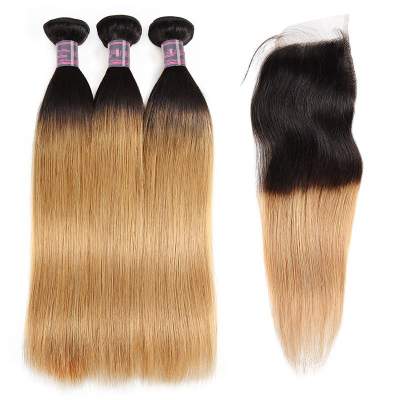 Ombre T1B/27 100% Virgin Human Hair Straight 3 Bundles With 4x4 Lace Closure