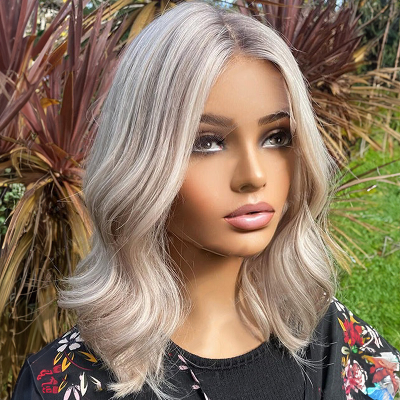 Parrucca ondulata in pizzo biondo platino Bob 13x4 Parrucca di capelli umani senza colla