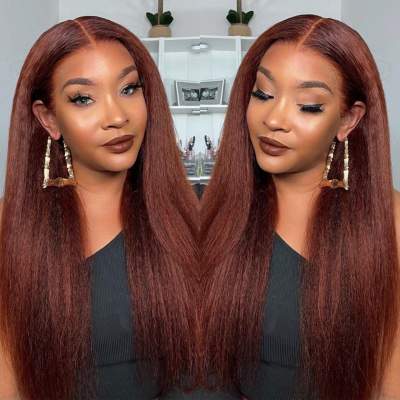 Reddish Brown #33B Kinky Straight Wig Affordable 13x4 Lace Front Wig