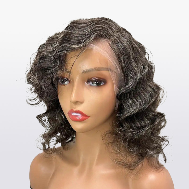 Salz- und Pfeffer-Echthaar-Perücken, kurze Bob-Wellen, leimlose Spitzenperücken