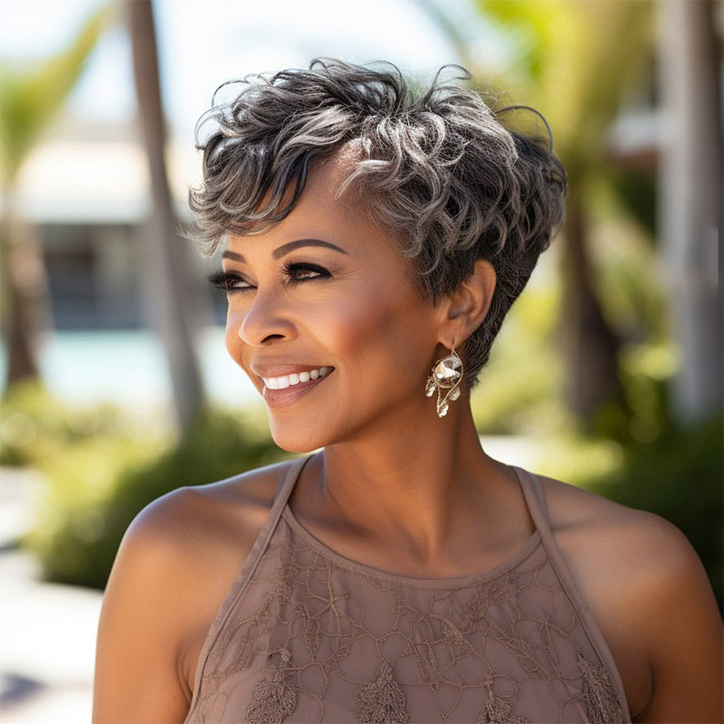 Salt & Pepper Custom Pixie Cuts Wig Natural Wave Bangs Wigs For Mom