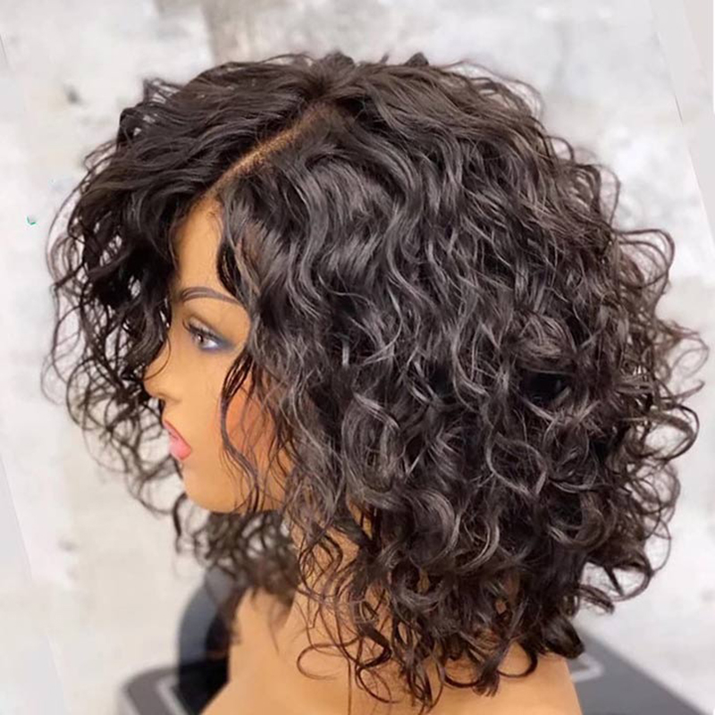 Short Curly Bob Wig Black Human Hair Lace Frontal Wig Pre-bleached