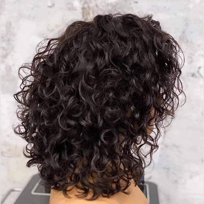 Short Curly Bob Wig Black Human Hair Lace Frontal Wig Pre-bleached