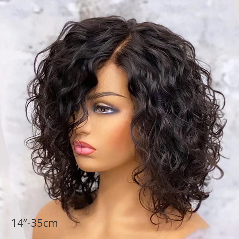 Short Curly Bob Wig Black Human Hair Lace Frontal Wig Pre-bleached