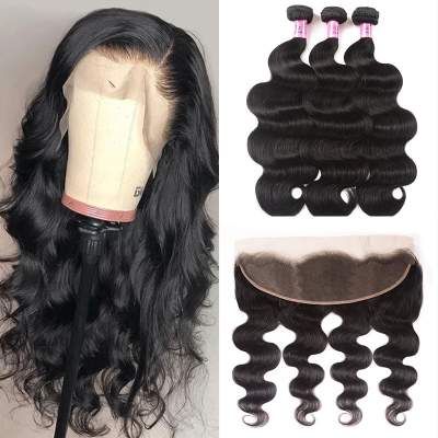 Top Quality Body Wave Virgin Hair Weave 3 Bundles With 13x4 Lace Frontal