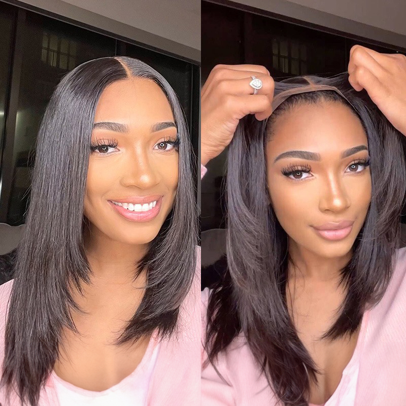 Peluca de encaje con cierre de 5x5, sin pegamento, prearrancada, corte en capas de moda, 100% cabello humano