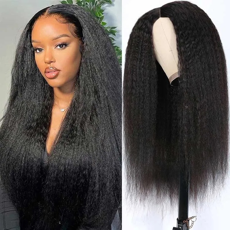 V Part Wig Kinky Straight Human Hair Style de protection Aucun Lace Wig