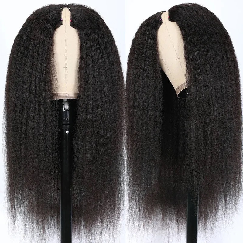 V Part Wig Kinky Straight Human Hair Style de protection Aucun Lace Wig