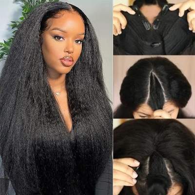 V Part Wig Kinky Straight Human Hair Protective Style None Lace Wig
